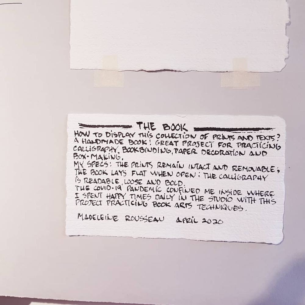 Madeleine RousseauBook binding project that includes some printmaking, calligraphy (sumi ink and folded pen), paste paper making and a book binding technique called secret Belgian binding.